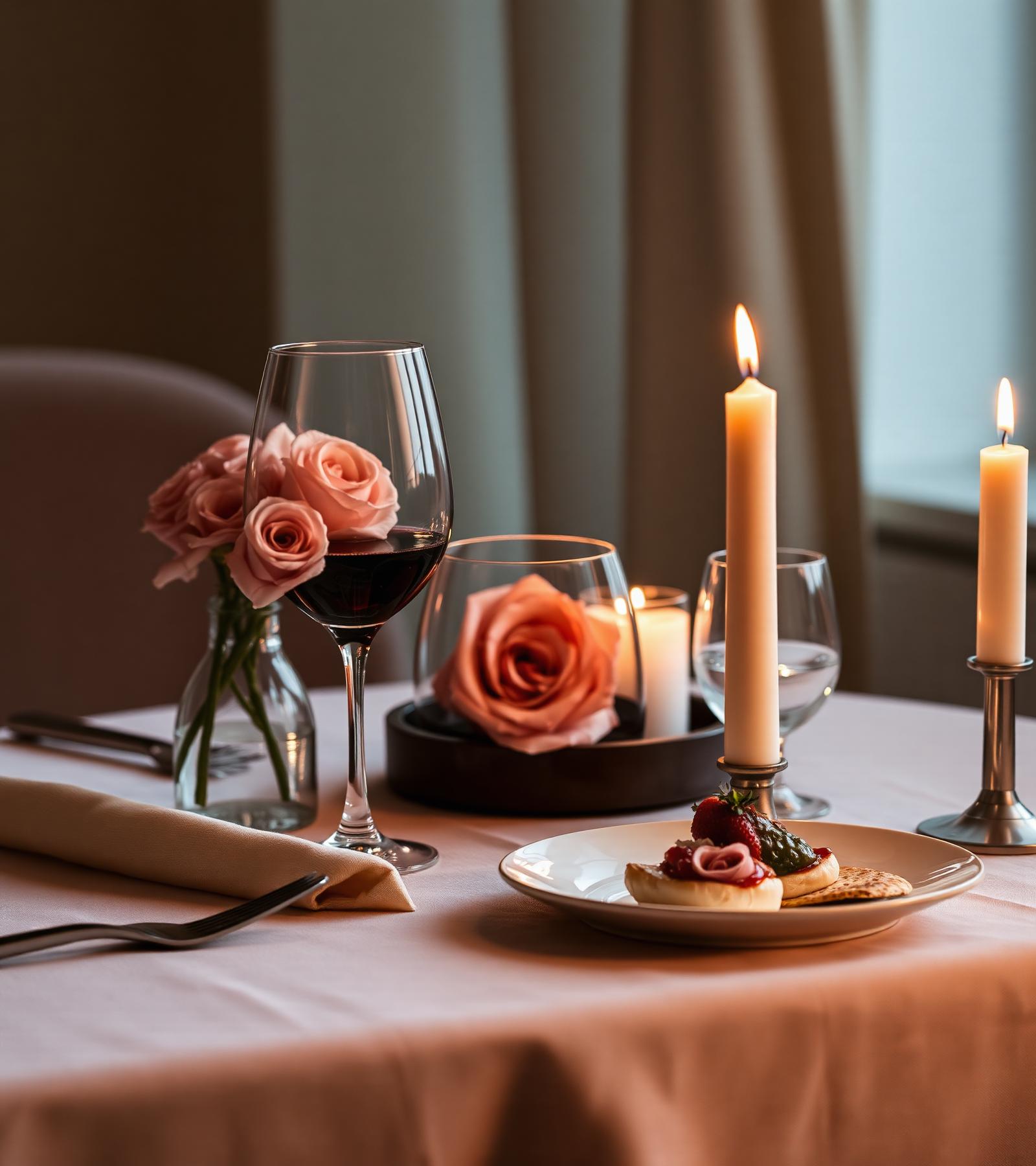 Private candlelit dinner table for two in a Dubai residence with cinematic warm ambience