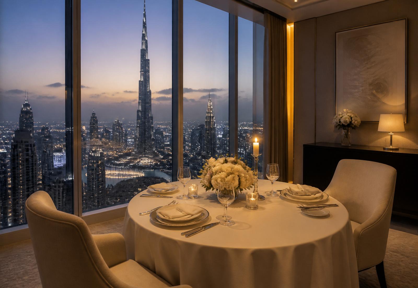 Private residence with Dubai skyline view arranged for a romantic evening for two